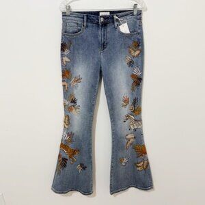Driftwood Farrah Embroidered Flare Jeans Zebra Leopard Jungle Boho 27 NWT